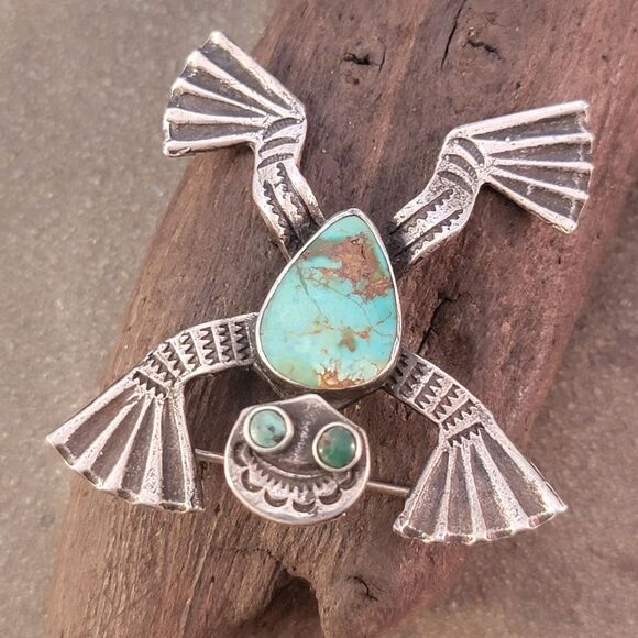 Sterling Vintage Navajo Turquoise Frog Pendant Brooh Pin - Picture 4 of 7